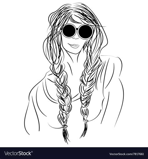 Sketch Hippie Girl With Glasses And Pigtails Vector Image