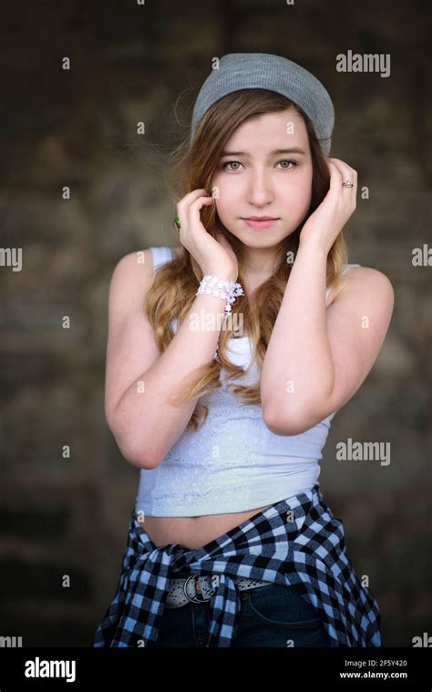Cool Teen Girl With Long Hair In Urban Setting Stock Photo Alamy