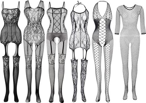 Kuuqa 6 Set Fishnet Bodysuits Women Stockings Lingerie Lace Fishnet