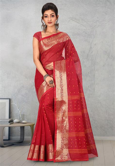 Handloom Cotton Tant Saree In Red Suua102