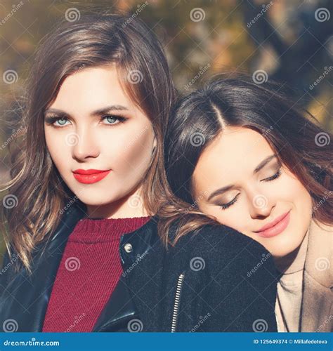 Beautiful Women Faces Closeup Portrait Girls Outdoor Stock Photo