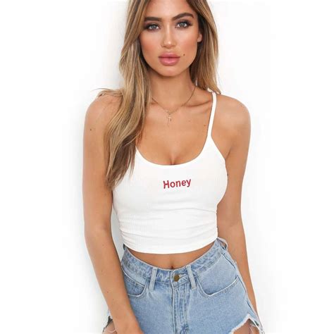 Sexy Women Crop Top 2018 Summer Honey Letter Embroidery Strap Tank Tops Cropped Ladies Elastic