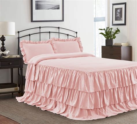 Hig 3 Piece Ruffle Skirt Bedspread Set Queen Pink Color 30 Inches Drop