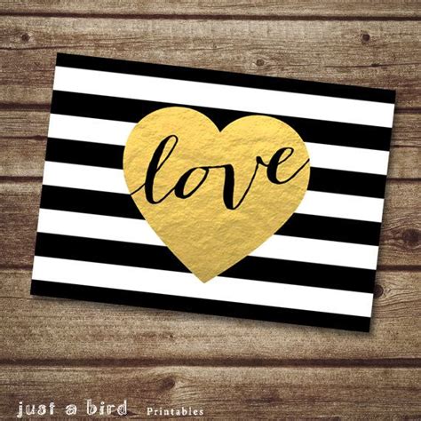 5x7 Valentine Card Printable Black And White Stripes Gold Heart