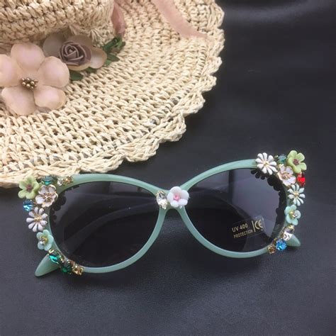 fashion baroque flower sunglasses for women female brand crystal gems cat eye sunglasses girdle