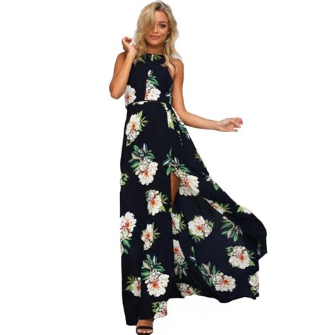 2017 Women Halter Neck Chiffon Dress Floral Print Sleeveless Split