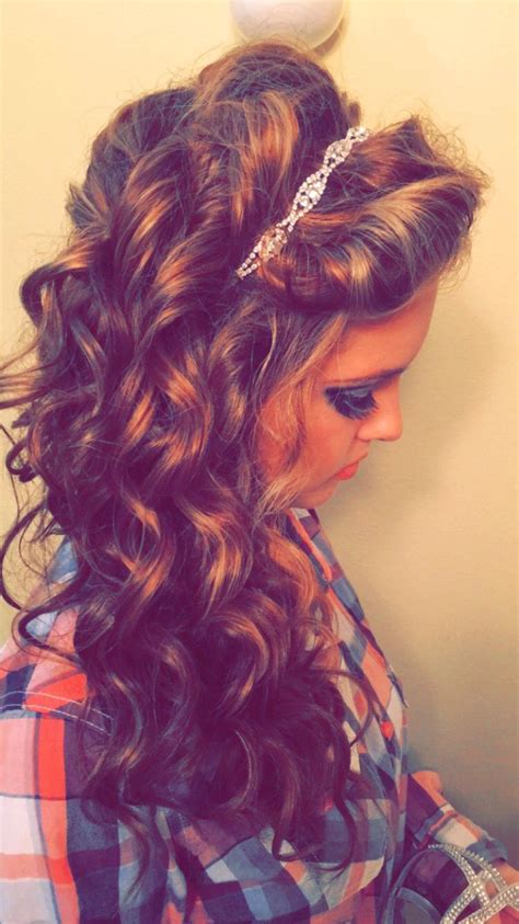 homecoming hair long curls all down one side perfect for strapless dress homecoming
