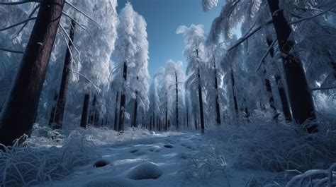 Snowy 3d Forest In Winter Wonderland Beneath A Blue Sky Background Snow Tree Snow Forest