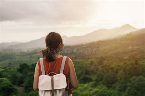 Young Woman Traveler Looking At Sunset Stock Photo Image Of Feeling
