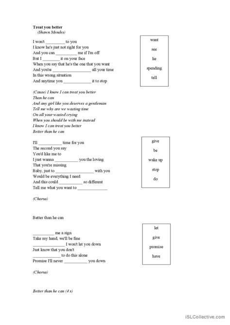 Treat You Better Shawn Mendes English Esl Worksheets Pdf And Doc