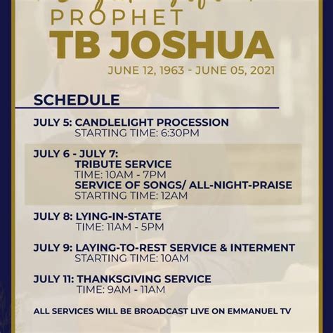 Pastor tb joshua died on june 5, 2021 at the age of 57. TB Joshua's Funeral Details Released By Synagogue Church ...