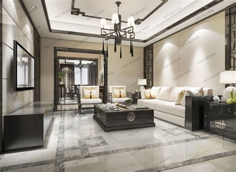 Classic Chinese Modern Luxury Living Room With Tv 3d