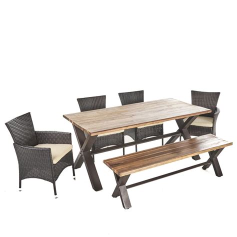 Noble House Greta 6 Piece Acacia Wood Rectangular Outdoor Dining Set