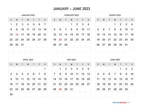 January To June 2023 Calendar Horizontal Calendar Quickly