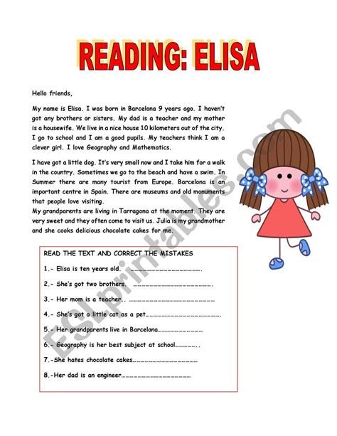 Reading Elisa Esl Worksheet By Mariaah
