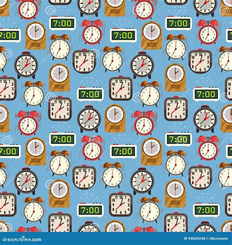 Seamless Pattern With Colorful Alarm Clocks On Blue Backdrop Stock