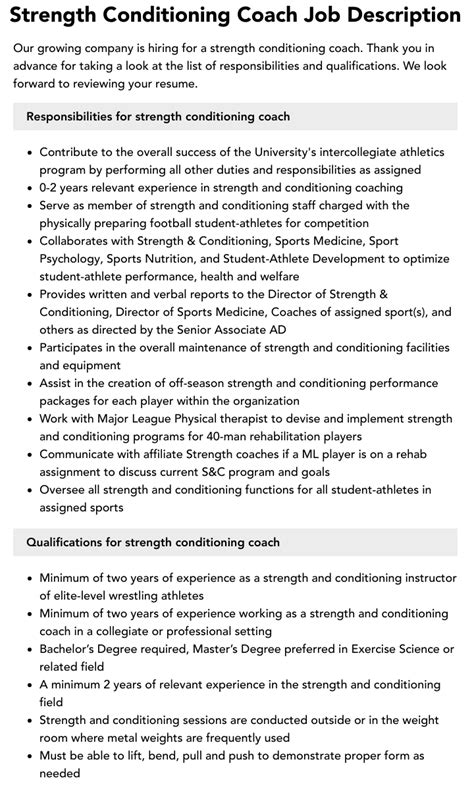 Strength Conditioning Coach Job Description Velvet Jobs