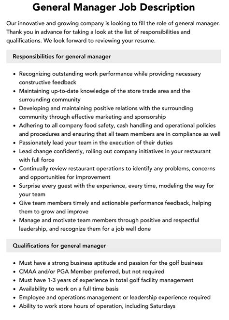 general manager job description velvet jobs