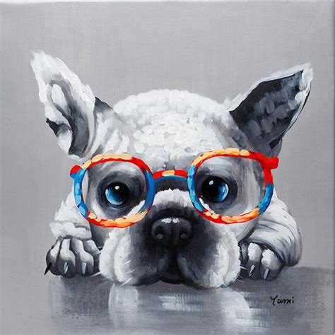 Cute French Bulldog Glasses Uk Hand Painted Canvas Fun Animal Art