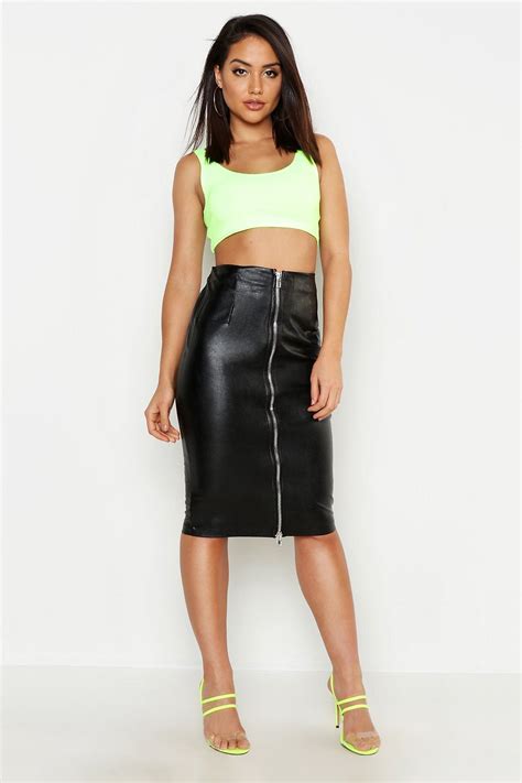 pu faux leather zip front midi skirt boohoo midi skirt skirt fashion romper with skirt