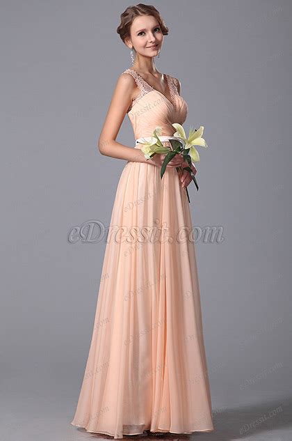 Elegant Sleeveless Lace Shoulders Peach Bridesmaid Dress 00152001