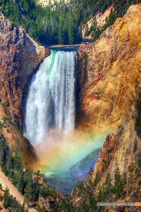 a waterfall with a rainbow in the middle and trees around it as seen from above