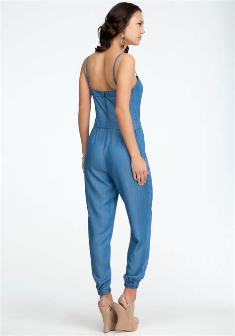Bebe Chambray Tie Detail Jumpsuit In Blue Lyst