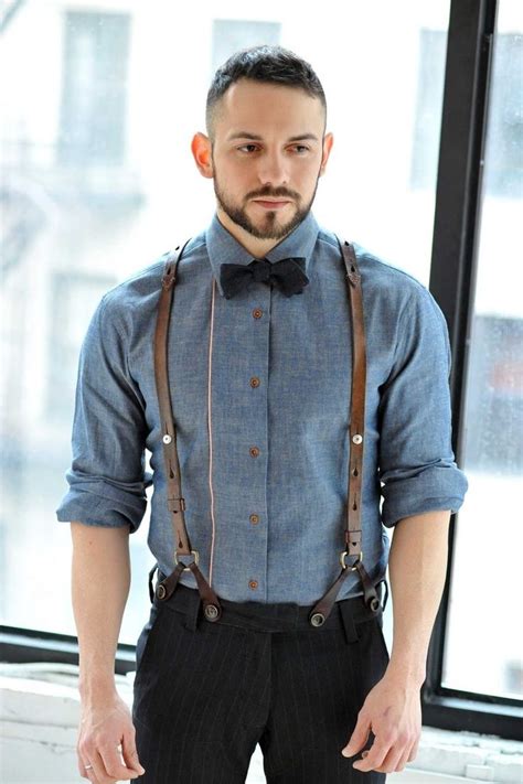 potential style for one band member vintage look suspenders shirt trousers and bow tie