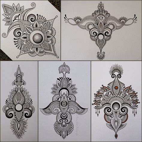 Four Different Designs On White Paper Each With An Intricate Design In