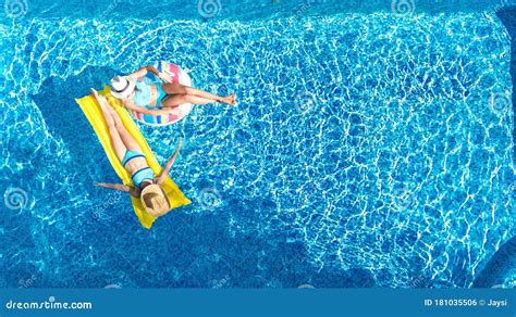 Children In Swimming Pool Aerial Drone View Fom Above Happy Kids Swim