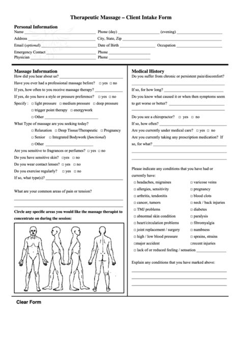 Ms Word Editable Massage Client Intake Form Printable