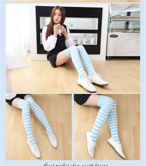 Sexy Women Japanese Girl Student Thigh High Long Striped