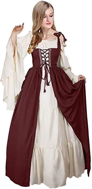 Women Medieval Costume Square Collar Bundle Waist Renaissance Vintage