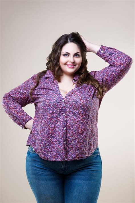 Plus Size Model In Casual Clothes Fat Woman On Beige Background Stock