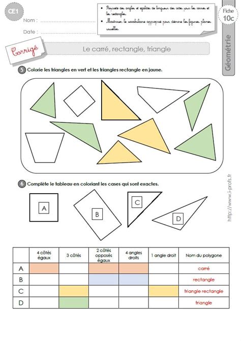 Des fiches d'exercices contenant la classification des triangles selon leur côtés. CE1 EXERCICES: Le carré, rectangle, triangle et triangle ...