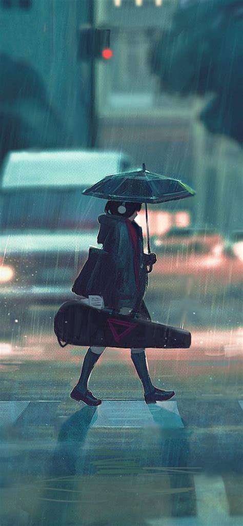 Rainy Day Anime Paint Girl Iphone X Wallpaper ภาพประกอบ