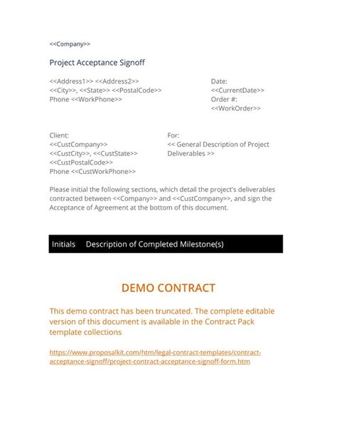 Project Contract Acceptance Signoff Form Contract Template