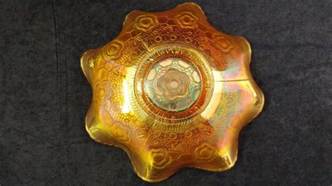 Vintage Fenton Captive Rose Carnival Glass Ruffled Edge Dish Marigold