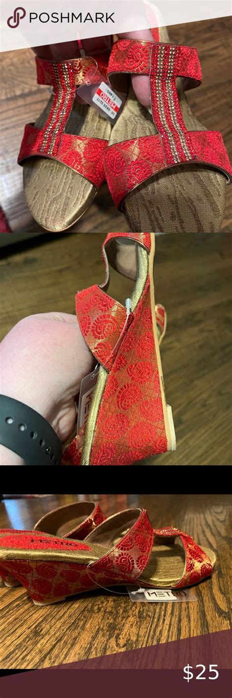 Beautiful Indian Wedding Shoes Red And Gold Sparkle Wedge Sandal Sz37