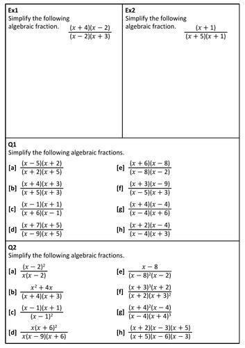 Simplifying Algebraic Fractions Quadratics Teaching Resources