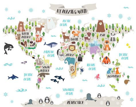 Animal World Map For Kids Map Art World Map Printable Nursery Decor