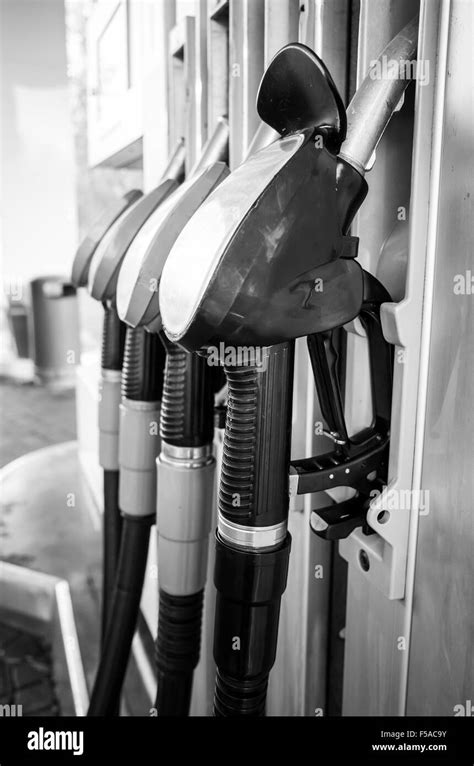 Petrol Pumps At An Automatic Gas Station Monochrome Photo Stock Photo