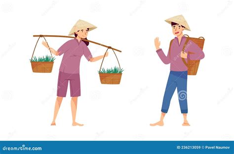 Two Asian Farmers In Ethnical Hats Harvesting Rice In Paddy Field