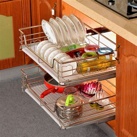 Pull out baskets can be used to help create more organized, efficient and manageable kitchen cabinet spaces. Kitchen Pull-Out Wire Sliding Basket Rack Cabinet Storage ...
