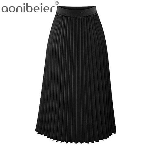 Fashion Women High Waist Pleated Solid Color Length Elastic Skirt