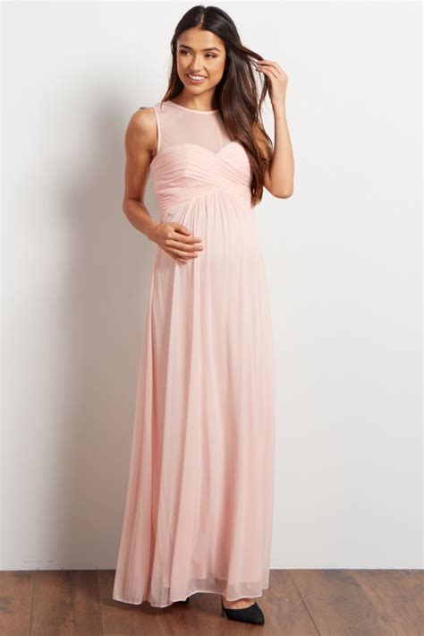 Light Pink Mesh Neckline Ruched Bust Maternity Evening Gown Maternity