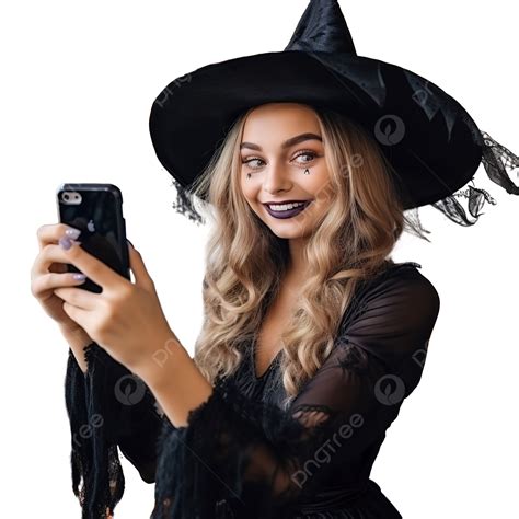 a girl in a witch costume takes a selfie at a halloween party on the decorated porch costume