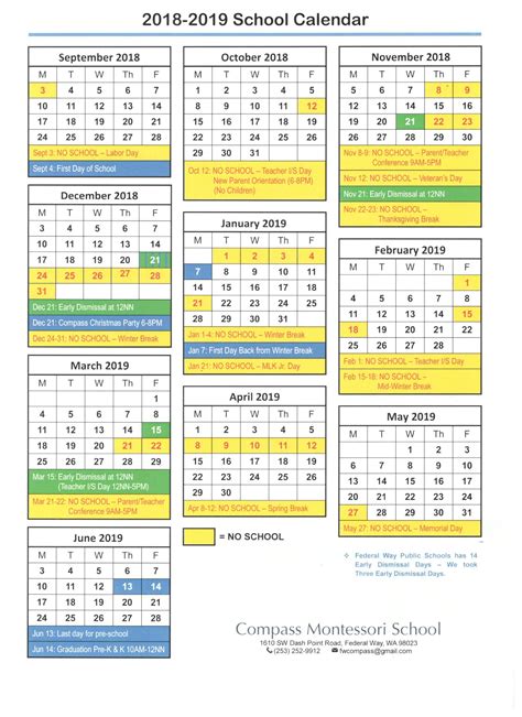 2018 2019 School Calendar Compass Montessori School Of Federal Way