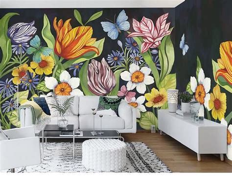 Oil Painting American Style Flowers Floral Wallpaper Wall Etsy