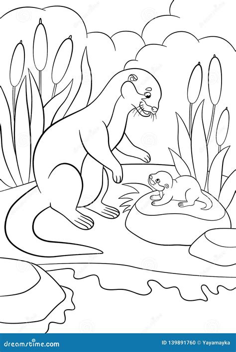 Coloring Pages Mother Otter Looks At Her Cute Baby Stock Vector